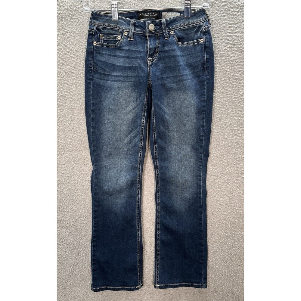 Aeropostale Jeans Womens 000 Short‎ Blue Curvy Boot Stretch Distressed Preppy